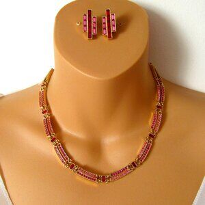 1960–NAPIER VINTAGE ART DECO STYLE NECKLACE & EAR RINGS WITH RED & PINK  CRYSTAL
